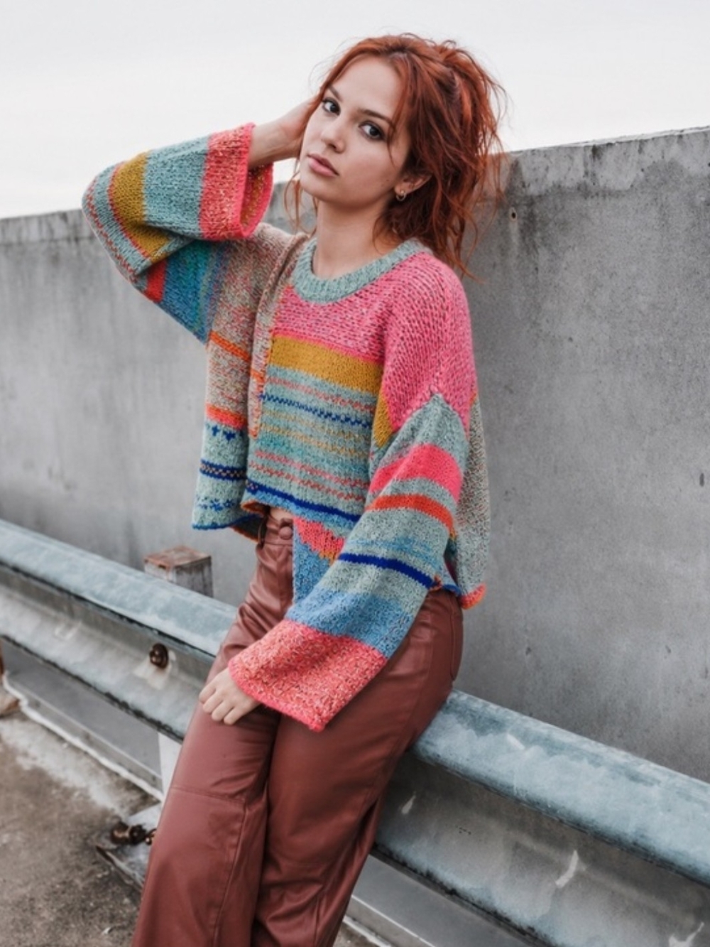 Moon & Madison Multicolor Striped Cropped Knit Oversized Sweater - Pink & Blue